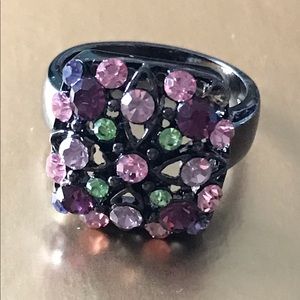Black Pink/Green Cluster Gem Fashion Ring 9
